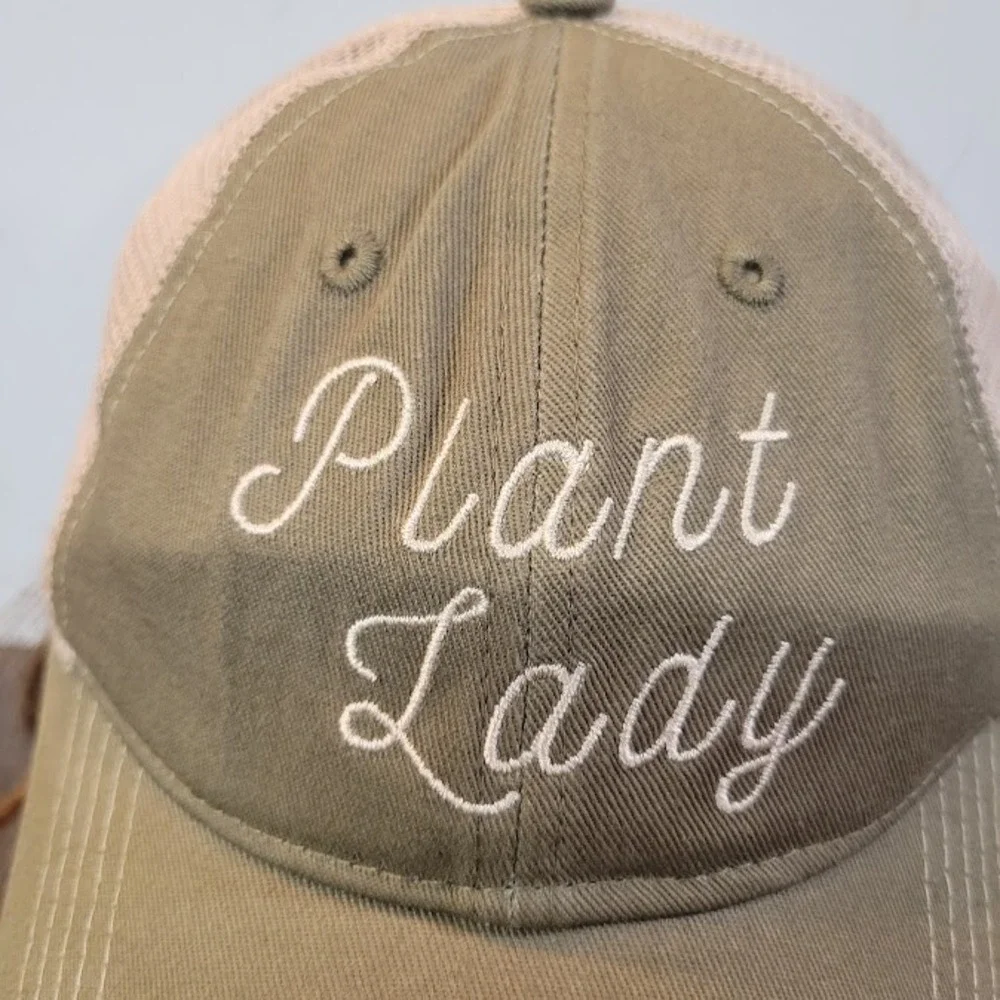 Plant Lady Script Hat Olive & Beige Strap Back Adjustable Baseball Cap